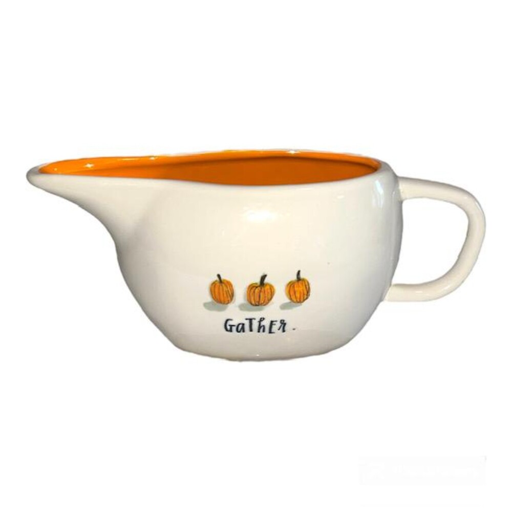 Rae Dunn Pumpkins GATHER Gravy Boat  W Orange Interior Harvest Thanksgiving  NEW